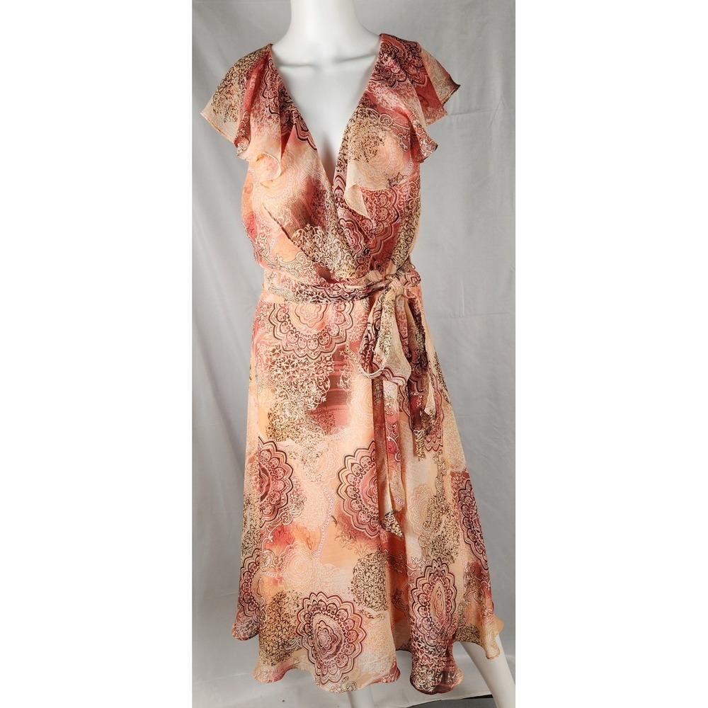 VTG 90's Karin Stevens Mandala Flowy Ruffle Neck Boho/Y2K/Hippie/Fairy Dress 14W